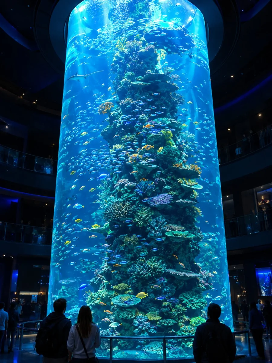 Ein hohes, zylindrisches Riffbecken, das in einer dunklen Aquarienhalle blau leuchtet, mit Besuchern, die hinaufschauen
