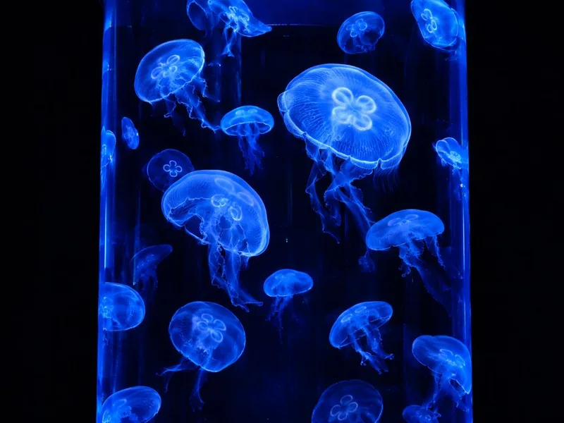 Moon jellyfish drifting in blue light