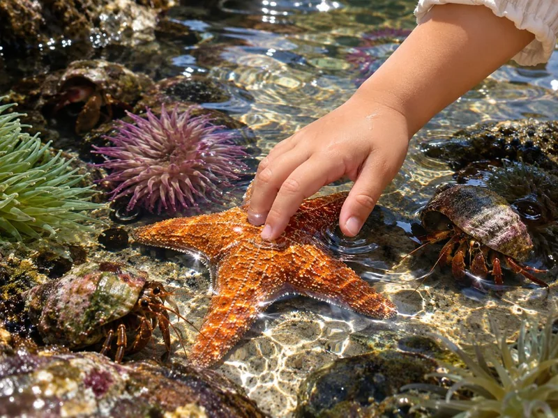 Die Hand eines Kindes berührt einen Seestern in einem Felsbecken